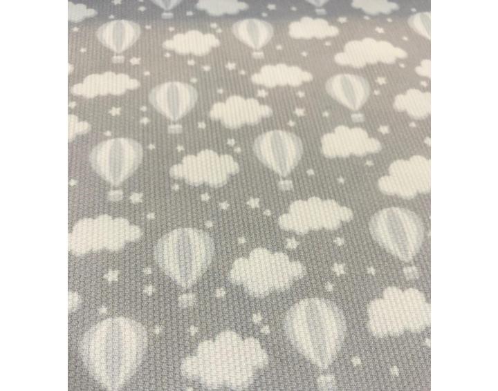 Pique de canutillo estampado globos y nubes. Fondo gris con blanco