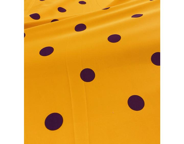 Tejido lunares fondo mostaza y lunar morado 